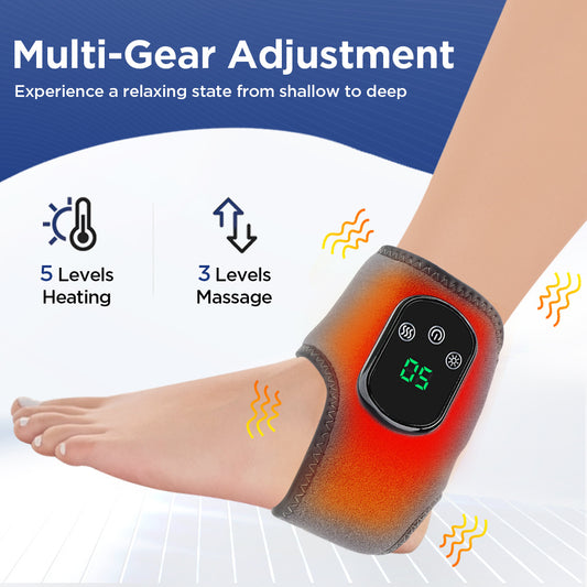 Heated ankle massager worn on the ankle, with 5 heat levels and 3 massage levels