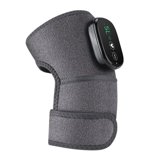 Grey heated knee massager with digital display and adjustable strap