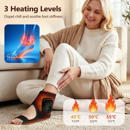 Woman relaxing on a sofa wearing the airbag ankle massager, with heat settings of 45, 50 and 55°C