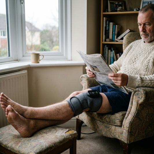 Heated knee massager worn on the knee while reading in an armchair