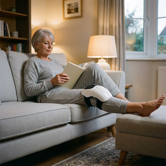 Red light knee massager worn on the knee while reading on the sofa